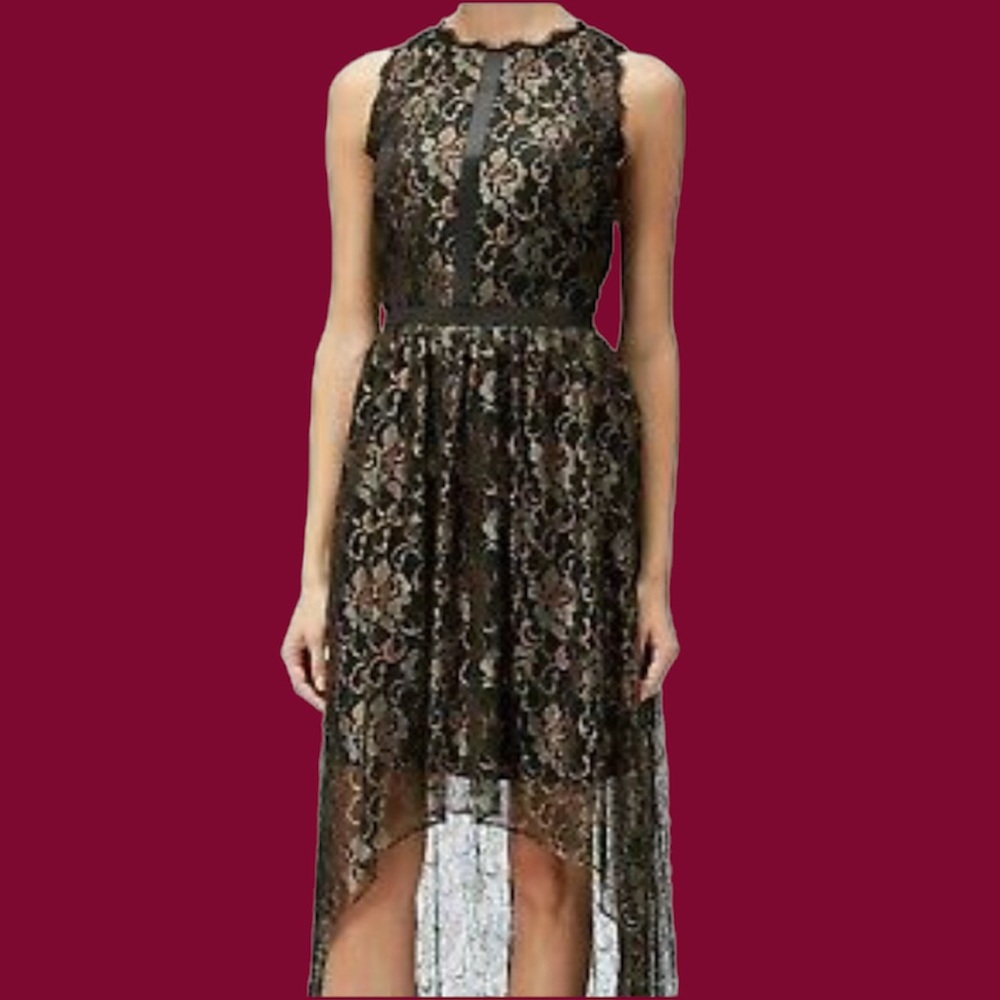 NWT ADRIANNA PAPELL Sz6 CREW NECK SHEER HI-LOW METALLIC LACE DRESS BLACK